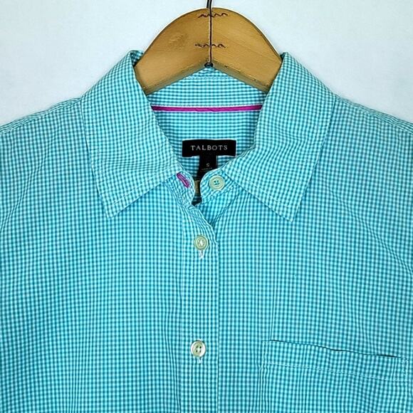 Talbots Turquoise Gingham Check Long Sleeve Button Down Size Small S - Picture 1 of 7